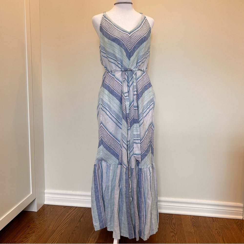 Tommy Bahama Linen Maxi Dress Blue Striped Halter Top Sun Dress Large